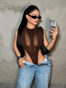 SHEIN SXY 女款深棕色網紗性感街頭風百搭連身衣，適合約會、夜店、外出與夜晚活動，夏季款 - 棕色 - 查看 4