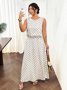 Lounesse Plus Size 2-Piece Set Women's Polka Dot Design 2-Piece Set Daily Commute Vacation Plus Size Polka Dot Dress Sleeveless Top Plus Skirt 2-Piece Set - Black and White - View 5