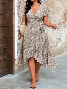 Breezaya Plus Size Women's Vacation Ditsy Floral Overlap V-Neck Ruffle Sleeve Elegant Dress - Multicolor - View 5