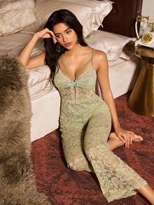Slumberist Bộ jumpsuit nữ gợi cảm với chi tiết ren nơ, thích hợp mặc hàng ngày. - màu xanh lá - Xem 5
