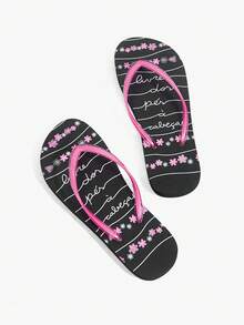 Grefit Ladies Flip-Flops, Summer Printing Contrasting Flip-Flops, Round Toe Flat Bottom, Casual Vacation Style, Sandals On The Beach - Black and pink contrasting colors - View 1