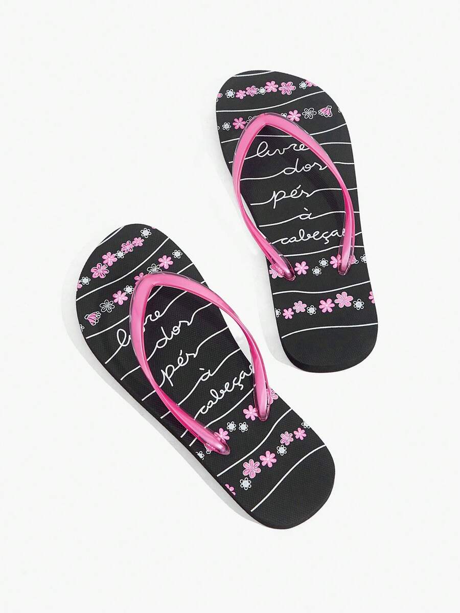 Grefit Ladies Flip-Flops, Summer Printing Contrasting Flip-Flops, Round Toe Flat Bottom, Casual Vacation Style, Sandals On The Beach - Black and pink contrasting colors - View 1