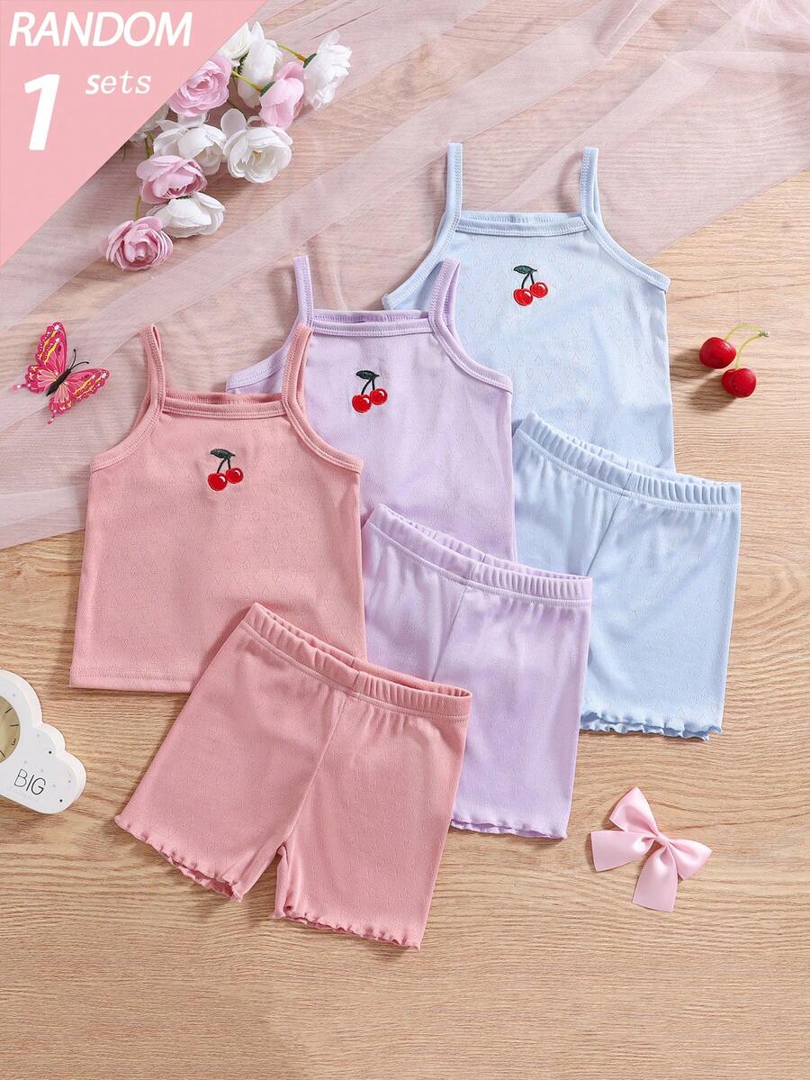 SHEIN 【1套隨機】女童春夏刺繡蝴蝶結細肩帶背心短褲內衣套裝(粉色/嬰兒粉) - 彩色 - 查看 1