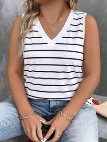 EMERY ROSE Women's Spring/Summer New Hot-Selling Striped Print Pattern Layered V-Neck Casual Versatile Plus Size Tank Top - Multicolor - View 3