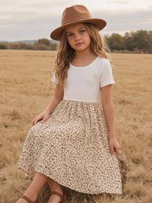 Emery Rose Kids Emery Rose Kids 少女夏季休閒可愛拼接碎花圓領短袖洋裝，海灘度假白色花卉 - 白色 - 查看 4