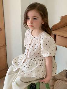 DAZY Kemeja Anak Perempuan Lengan Pendek Kerah Bulat Motif Polkadot dan Patchwork - Khaki - View 6