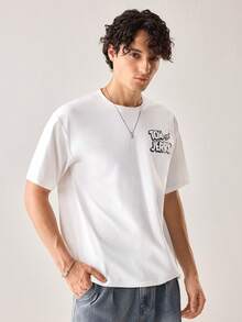 Strevion TOM & JERRY Men's Casual Versatile Simple Cat & Mouse Coconut Tree Print Short Sleeve T-Shirt - White - View 5