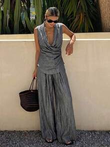 Livesso Conjunto de 2 piezas para mujer: Elegante top chaleco con pechera asimétrica & Pantalones casuales de pierna recta, atuendo de verano para ir al trabajo, negocios, boda, banquete y vacaciones - Gris - Ver 5