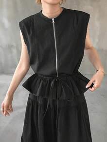 FRIFUL Women's Summer Casual Drawstring Waist Vest & Skirt 2 Pieces Set - Black - View 2