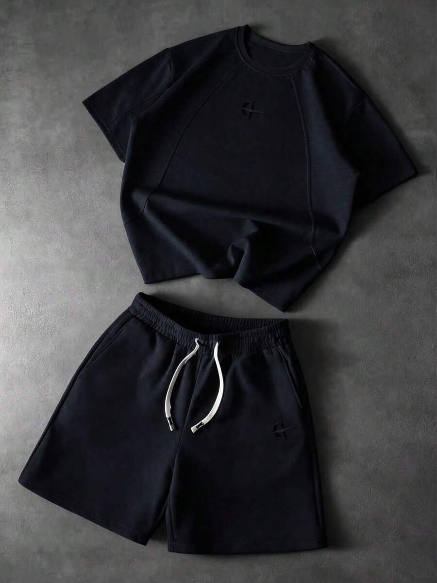 PAVTROS Set Kaos dan Celana Pendek Patchwork Kasual Pria untuk Liburan - Navy Blue - View 1