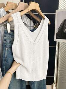 Franclia Women's Casual Minimalist Vintage Comfortable Commuter Suitable Beach Vacation Wear V-Neck Sleeveless Slimming Plus Size Knit Spring Summer White - White - View 3