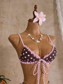 Swim Mod Conjunto de bikini de 3 piezas para mujer con falda de tirantes finos, estampado aleatorio y lazo de encaje, primavera/verano - Multicolor - Ver 6