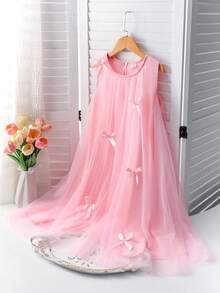 SHEIN Elegante vestido de niña con volantes y decoración de perlas en malla - Rosa - Ver 3