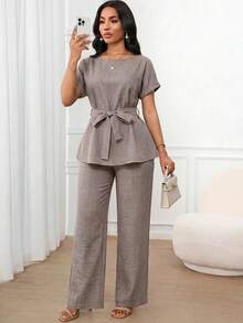 SHEIN Lady 女款時尚簡約繫帶上衣與寬鬆休閒長褲兩件套，適合商務辦公 - 摩卡棕 - 查看 5