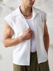 TONEVAULT Men's Pleated Loose Pocket Sleeveless Shirt - White - View 3