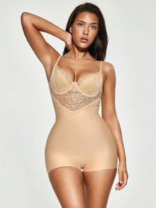 SHAPORA Bộ đồ liền thân dành cho nữ Lộ Lưng Tương phản ren màu trơn - Lạc đà - Xem 6