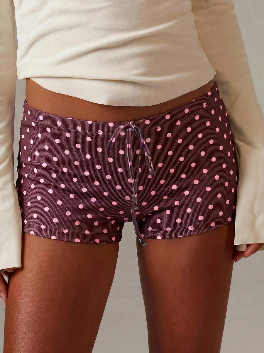 Athîral Women's Casual Polka Dot Print Low Waist Shorts, Summer - Coffee Brown - View 1