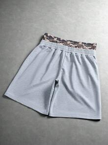 PAVTROS 男士深灰色夏季街頭風城市度假休閒短褲，刺繡英文點綴迷彩圖案雙腰帶設計，男友禮物週年紀念 - 彩色 - 查看 2
