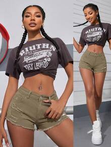 SHEIN PETITE 女款口袋磨損毛邊休閒牛仔短褲，適合嬌小女性 - 軍綠色 - 查看 8