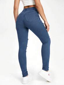 SHEIN EZwear Aqua Blue Slant Pocket Ripped Skinny Jeans Everyday Going Out Summer Casual Streetwear - Blue - View 2