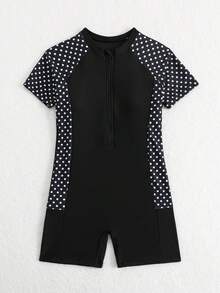 SHEIN 青少年女孩一件式泳衣短褲 黑色波點圖案 高彈性 柔軟舒適 短袖 一件式 前拉鍊 對比色插肩袖設計 1件 親膚 適合游泳 夏季海灘度假 泳池水上活動 時尚 - 彩色 - 查看 5