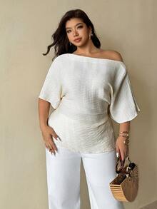 Auralis Áo blouse mặc kiểu pullover dáng ôm tôn dáng, eo xếp ly bất đối xứng, tay cánh dơi, vai lệch, phong cách tối giản đa năng cho mùa xuân/hè, size lớn, đi làm - Màu be - Xem 6