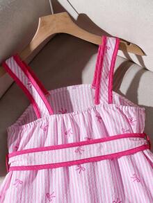SHEIN Set Atasan Tanpa Lengan dan Celana Pendek untuk Anak Perempuan Remaja, Warna Pink Pastel, Musim Panas, Lucu, Liburan, Desain Garis-garis dengan Sabuk Pinggang, Gaya Komuter Sederhana untuk Pakaian Anak Perempuan Remaja - Berwarna merah muda - View 6