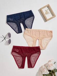 Spicy Aura 3pcs Lace Contrast Mesh Open Crotch Panties - Multicolor - View 2