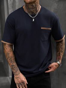 Manfinity CasualCool Kaos Kasual Pria Lengan Pendek Motif Waffle Warna Biru Tua Kontras untuk Musim Semi/Panas - Navy Blue - View 5