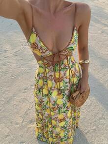 SHEIN SXY Beach Vacation Vacation Lemon Print Hollow Out Backless Spaghetti Strap Dress Beige Summer Tropical - Yellow - View 1