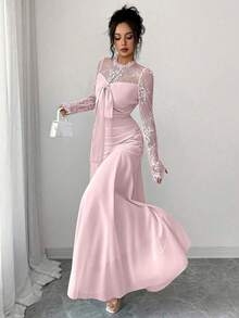 Modelyn Vestido largo con diseño francés, patchwork de encaje y lazo para mujer - Rosa - Ver 3