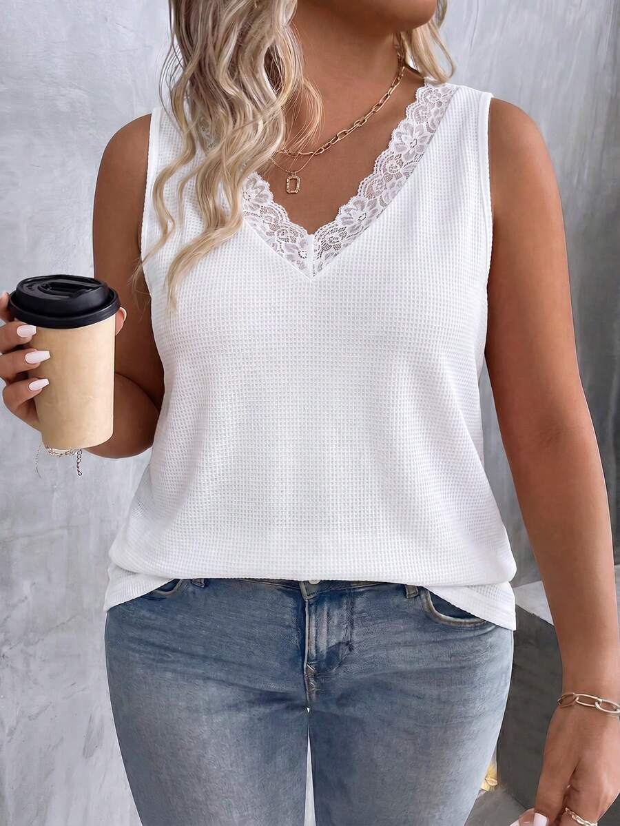 EMERY ROSE Women's Spring/Summer New Hot-Selling Lace Trim Patchwork V-Neck Casual Versatile Plus Size Tank Top - White - View 1