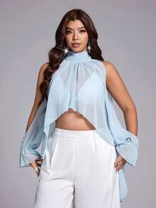Viva Relle Plus Size Women's Summer Stand Collar Pleated Solid Color Asymmetrical Hem Elegant Sexy Blouse - Blue - View 2