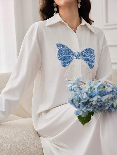 Yasmyna Women's Sequin Bow Long Sleeve Single-Breasted Elegant Arabian Dress