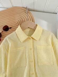 SHEIN LMoss Kids LMoss 青少女梭織素色寬鬆短版休閒襯衫 - 黃色 - 查看 5