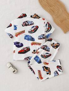 Summer Young BoyPajama Set, Cute Hot-Blooded Cartoon Racing Car Print, Soft Comfortable Flame Retardant Milk Silk Fabric, Lapel Cardigan Short Sleeve & Long Pants 2 Pieces Loungewear - White - View 2
