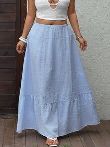 Sunnyshic Plus Size Blue And White Striped A-Line Ruffle Skirt For Women, Summer , Vacation, Beach, Elegant, Shopping, Dating, Commuting, Daily, Versatile Fall - Blue - View 3