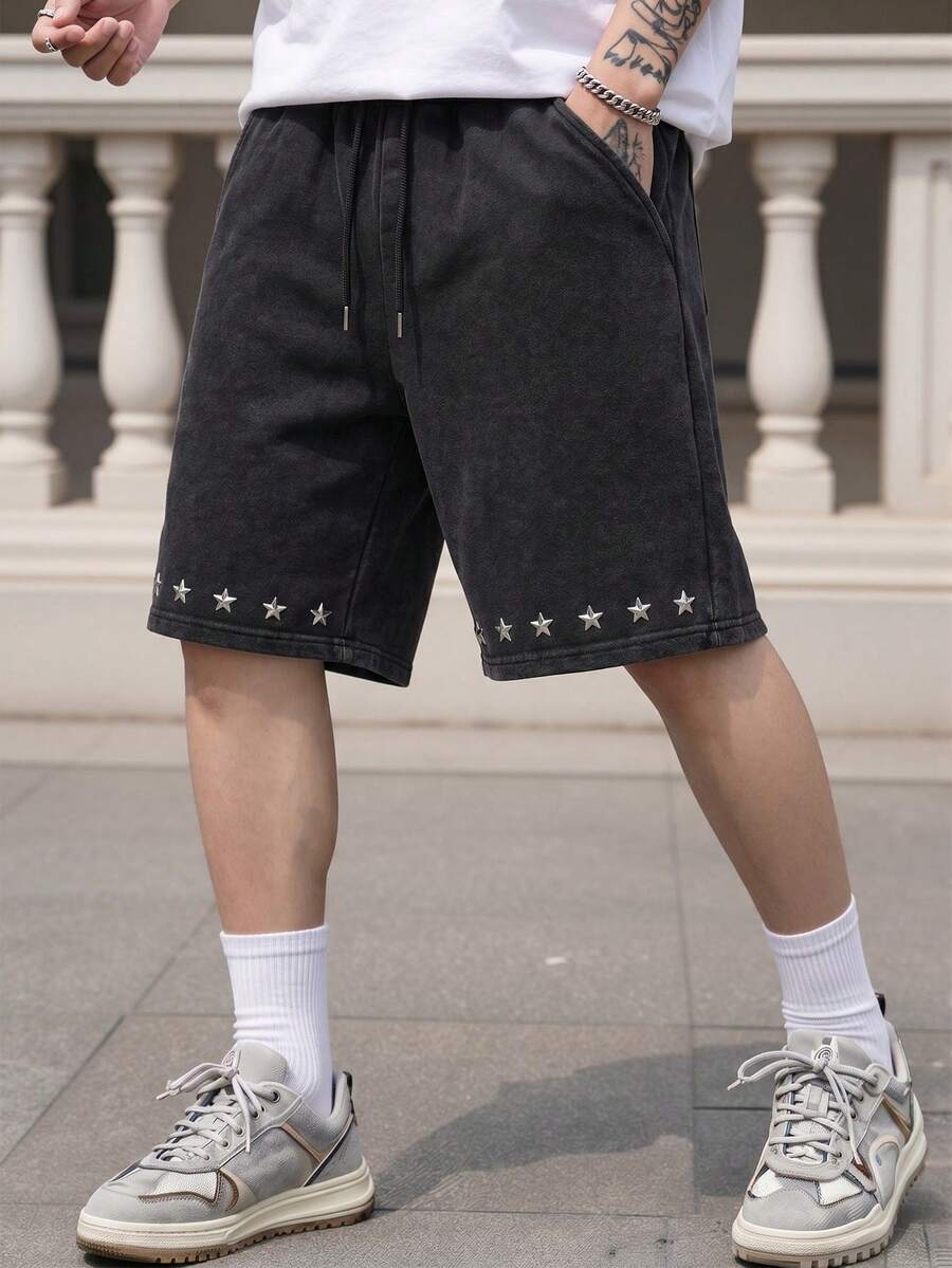 ROMWE MEN Street Life Men's Star Decor Elastic Waist Drawstring Tie Shorts - Black - View 1