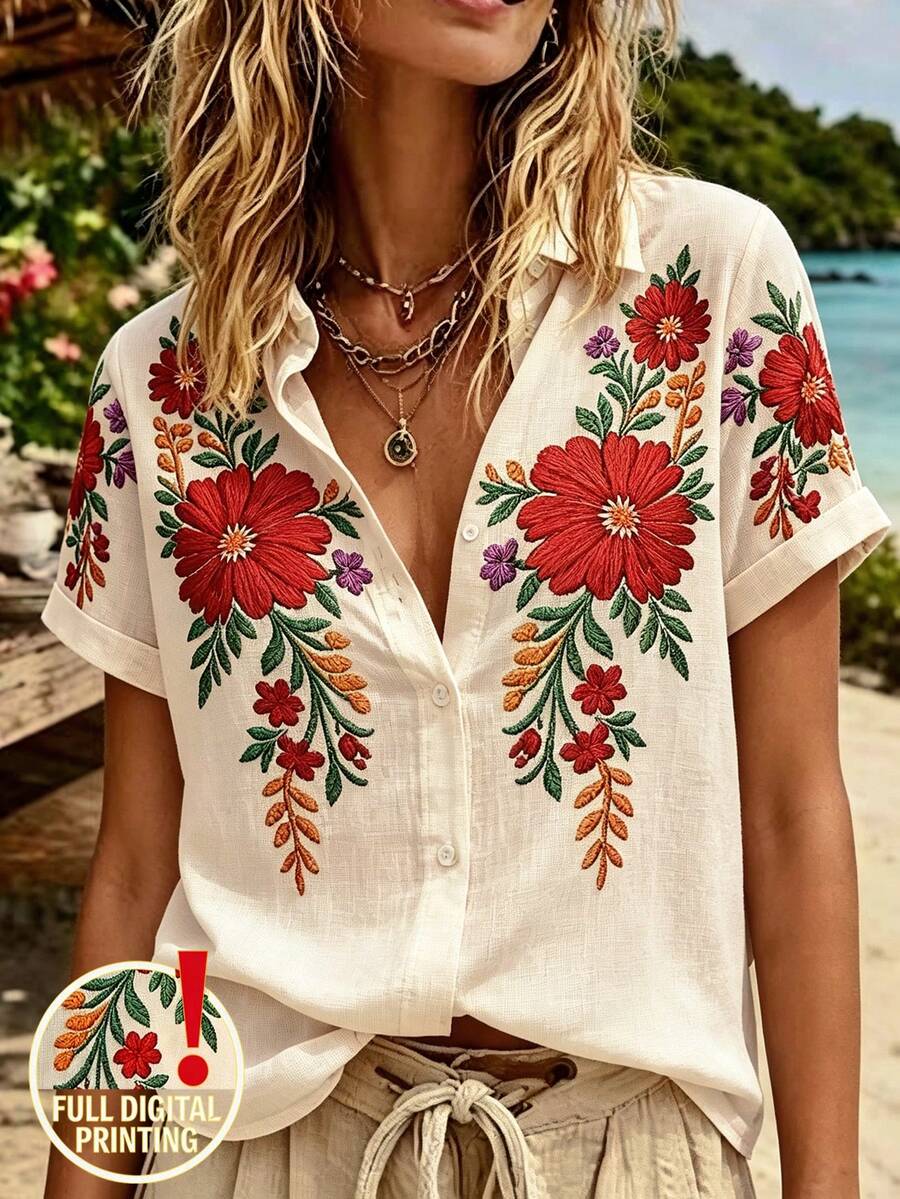 SHEIN Blusa suelta de manga corta con cuello y bordado floral rojo para mujer de verano