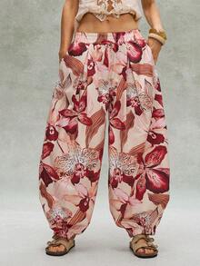Bohemela Casual Woven Printed Loose Fit Women's Long Pants Beach Panlakad Burgundy Autumn - Multicolor - View 5