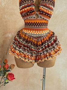 Soleia Mono de mujer estilo vacaciones de playa con cuello halter, lazo, multicapa, patrón bohemio de rayas geométricas y fruncido - Multicolor - Ver 6