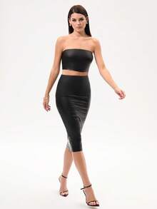 SHEIN SXY Pu皮革背心上衣&鉛筆裙黑色兩件套裝 - 黑色 - 查看 5