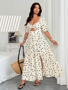 Vionelle Plus Size Vintage Polka Dot Puff Sleeve Hollow Out Split Dress - Apricot - View 7