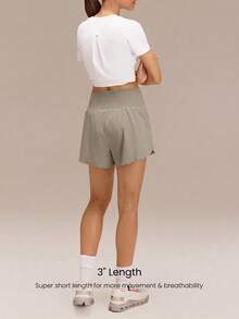 GLOWMODE 3" VitalSwift Quick-Dry Set The Pace High Slit Adjustable Drawstring Waist Shorts With Built-In Shorts Side Pockets Non-Slip Grips Medium Impact Running Jogging Training Gym Workout - Khaki - View 2