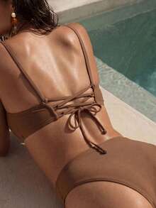 Swim Basics 女士纯色泳装套装，适合度假和海滩穿着 - 棕色 - 查看 6