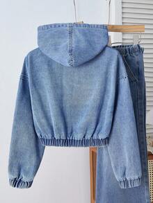 SHEIN Girls' Blue Denim Hooded Cropped Jacket - Medium Wash - View 2