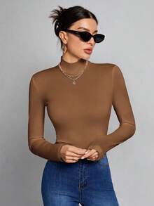 SHEIN Tall 簡約純色修身高領白色上衣，適合秋冬，高個女性 - 摩卡棕 - 查看 3
