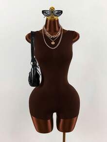 Amplova Women's Solid Color Round Neck Casual Tank Top Style Fitted Romper - Brown - View 2