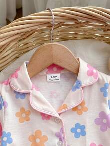 Conjunto de pijama de 2 piezas para bebé niña, dulce y sencillo, con patrón de lazo, solapa, botones, volantes, manga larga y pantalones largos, cómodo y agradable al tacto, de punto - Multicolor - Ver 3