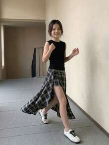 Hapijoa 青少年女孩夏季休閒素色背心上衣 & 格紋不對稱下擺裙 2件套 - 黑色 - 查看 6